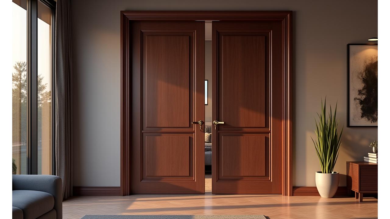 Modern luxury wooden double doors with brass accents leading into a spacious, light-filled apartment living room at dusk.